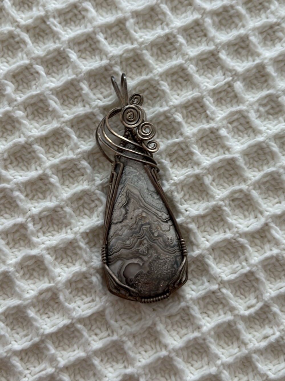 Handcrafted Gray Agate Teardrop Pendant Necklace - Sterling silver Wire Wrapped
